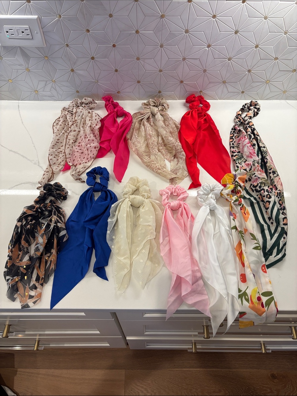 Assorted Hair Scarf Scrunchies - Pink, Red, Blue, Cream & Floral